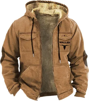 Mens Velvet Thickened Double Pocket Western Cow 3D Printed Hooded Brown Warm Cotton Jacket