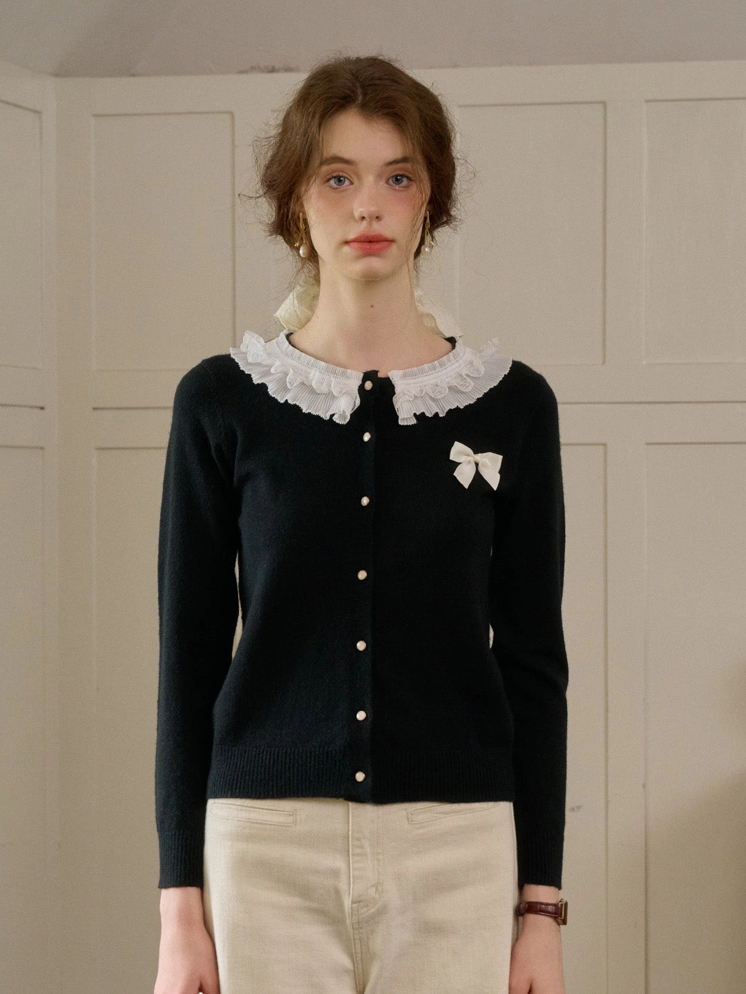 Natural Fiber Construction ??Final Sale??Ruby Lace Lapel Contrasting Bow Cardigan