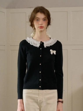 Natural Fiber Construction ??Final Sale??Ruby Lace Lapel Contrasting Bow Cardigan