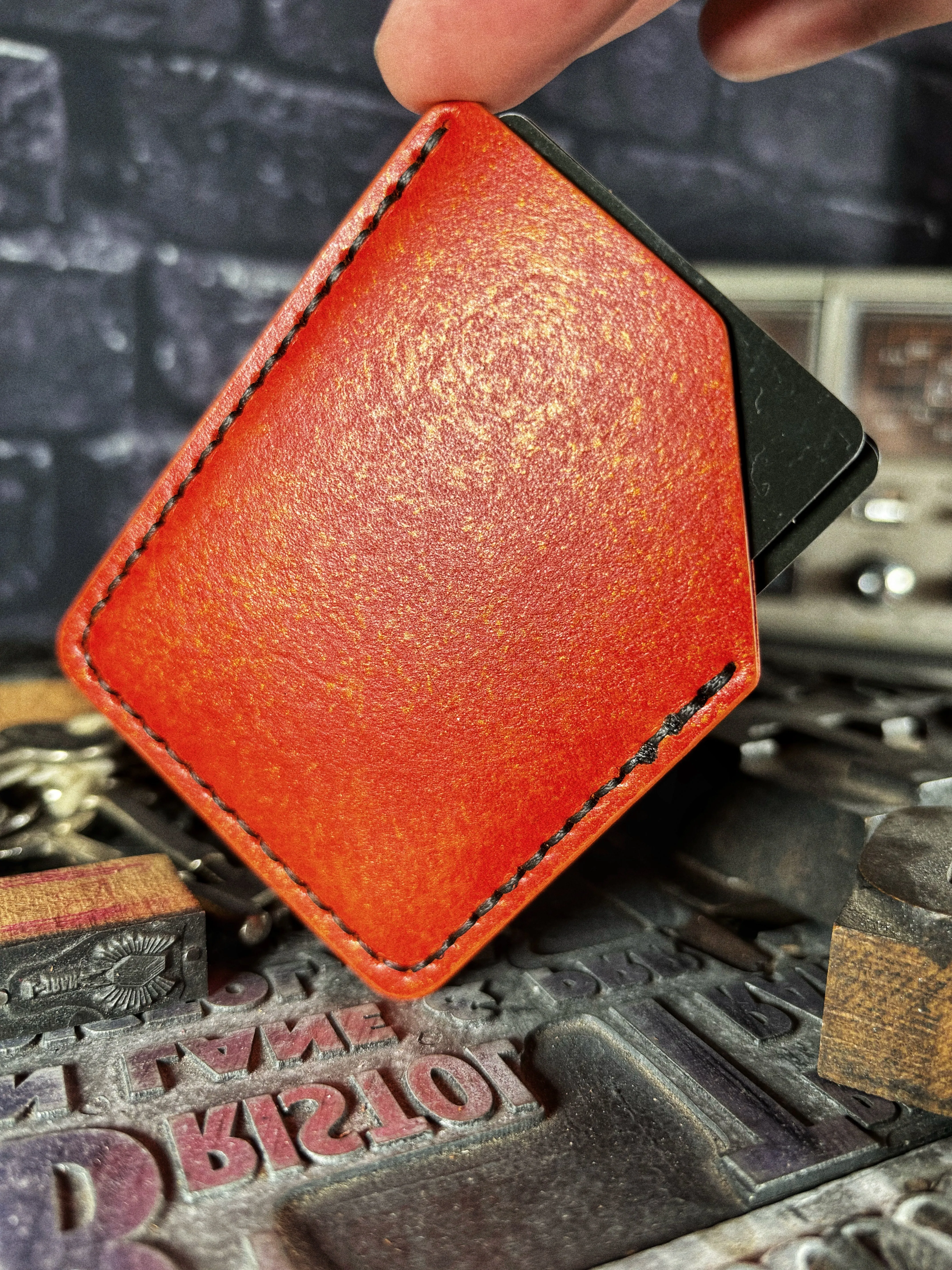 Metallic Orange Lost Reaper Embossed Hand Made Leather Minimalist Wallet