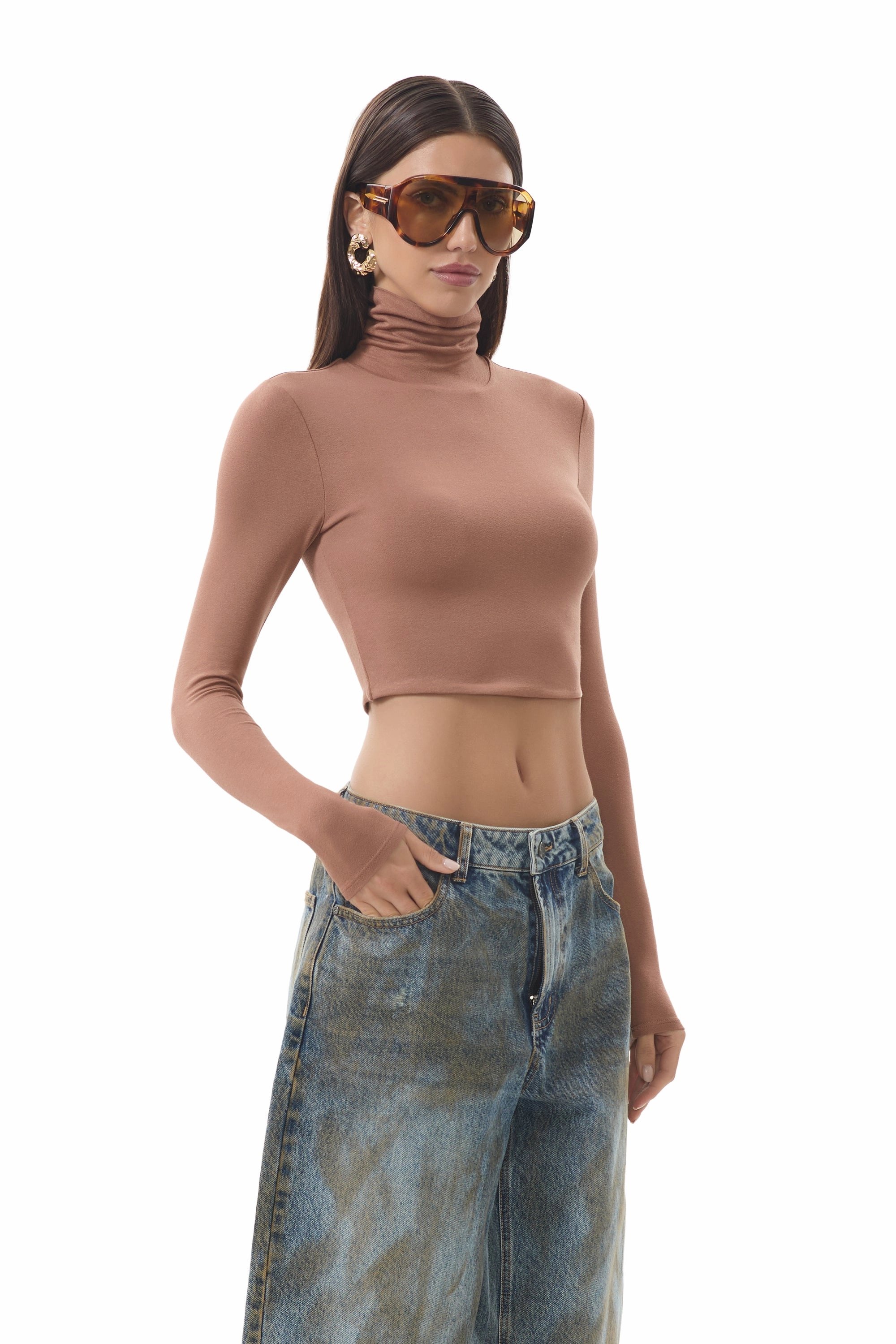 Elegant Cut Micaela Crop Turtleneck - Raw Umber