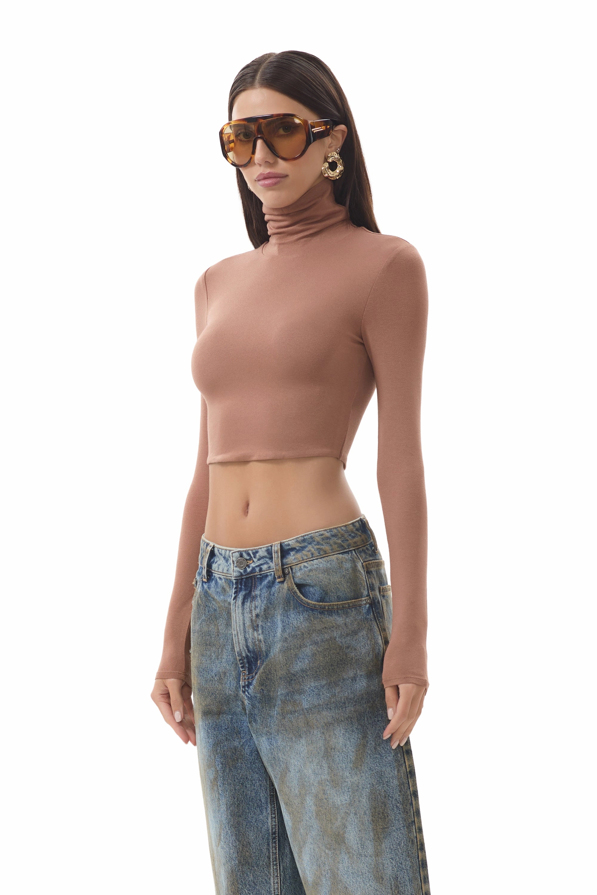 Micaela Crop Turtleneck - Raw Umber Self Fabric Tie Closure