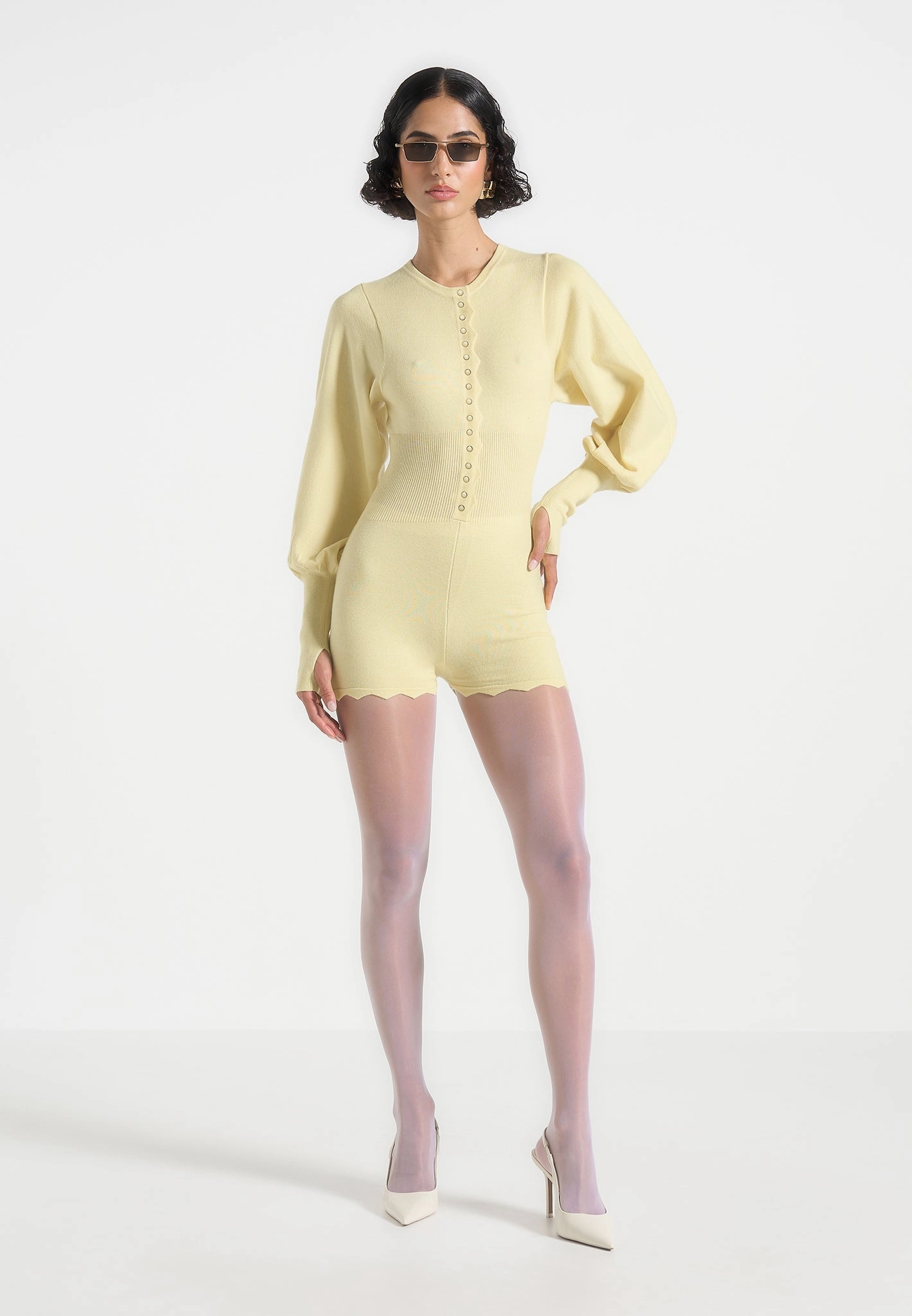 Waffle Knit Texture Easy Comfort Michele - Knitted Scallop Hem Playsuit - Pale Yellow