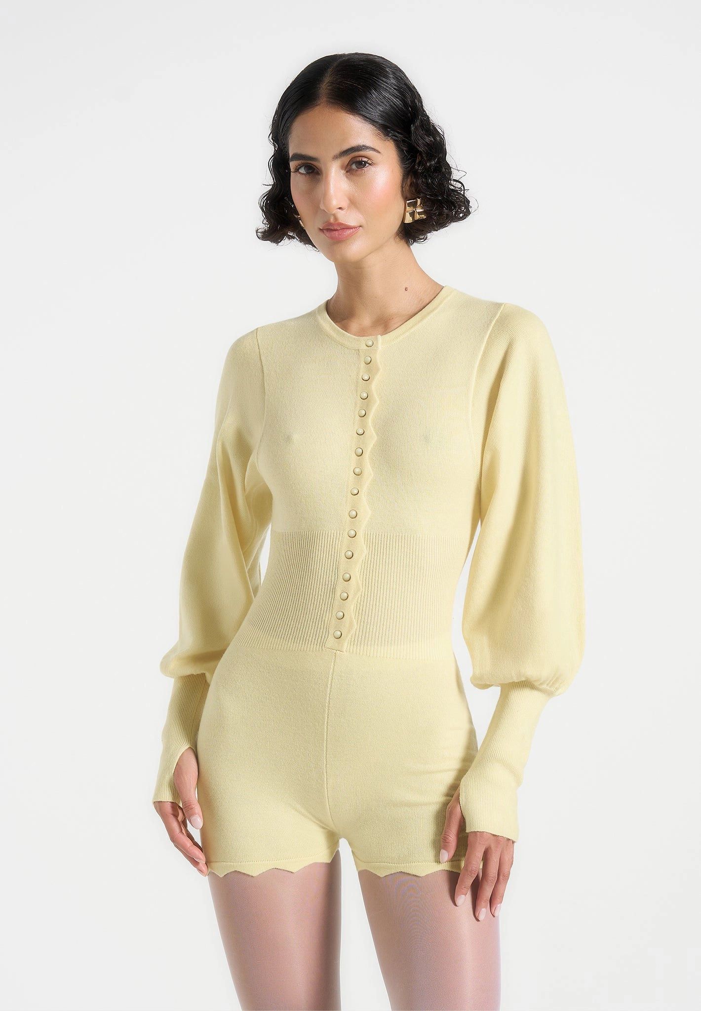 Soft Stretch Michele - Knitted Scallop Hem Playsuit - Pale Yellow