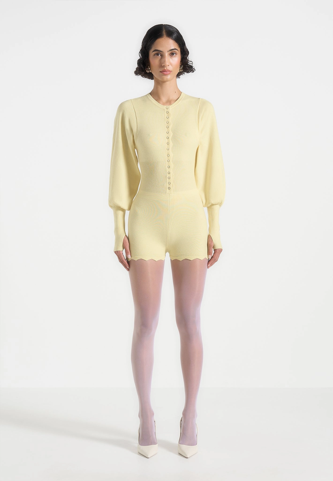 Michele - Knitted Scallop Hem Playsuit - Pale Yellow windy days