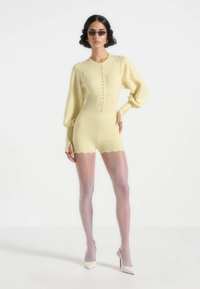 Waffle Knit Texture Easy Comfort Michele - Knitted Scallop Hem Playsuit - Pale Yellow
