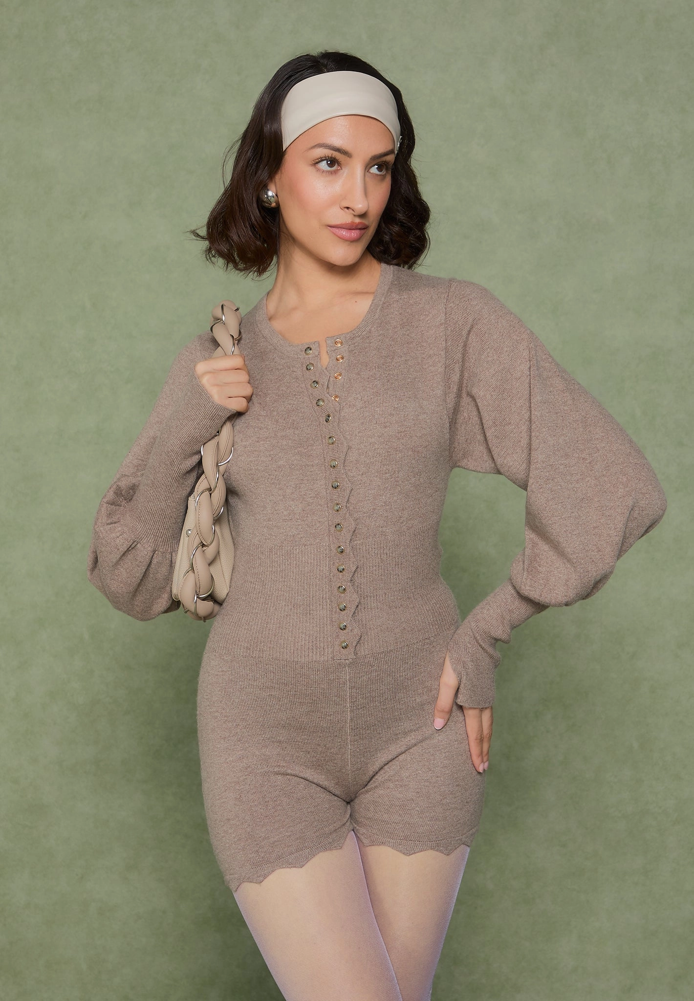 Michele - Knitted Scallop Hem Playsuit - Taupe Microfiber Blend Fresh Look