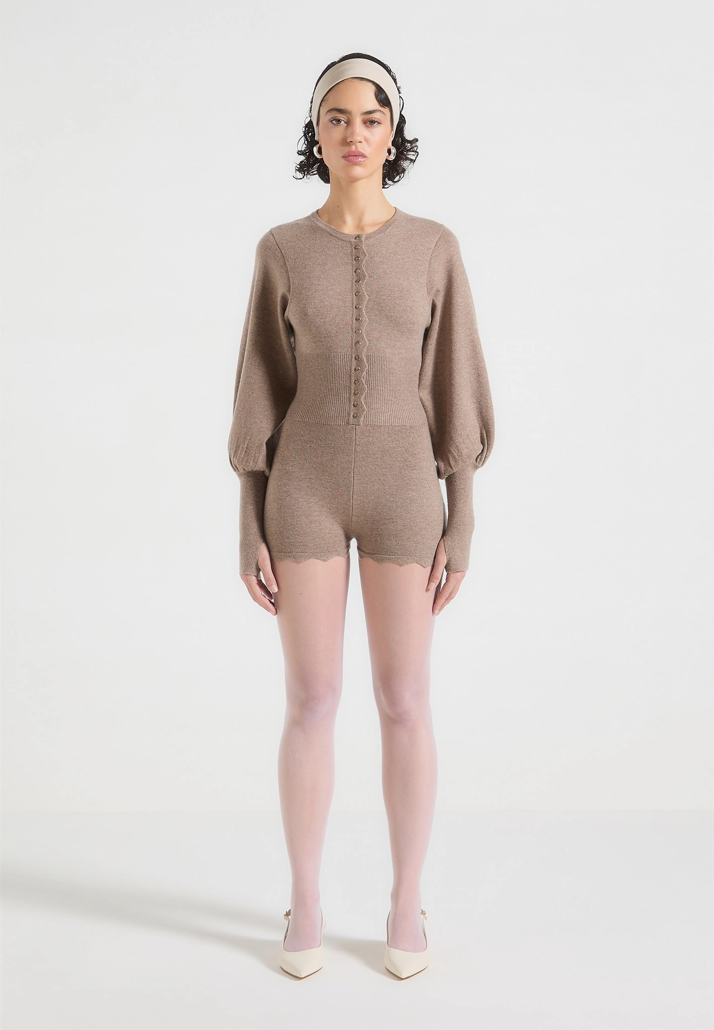 Layer Comfort Michele - Knitted Scallop Hem Playsuit - Taupe
