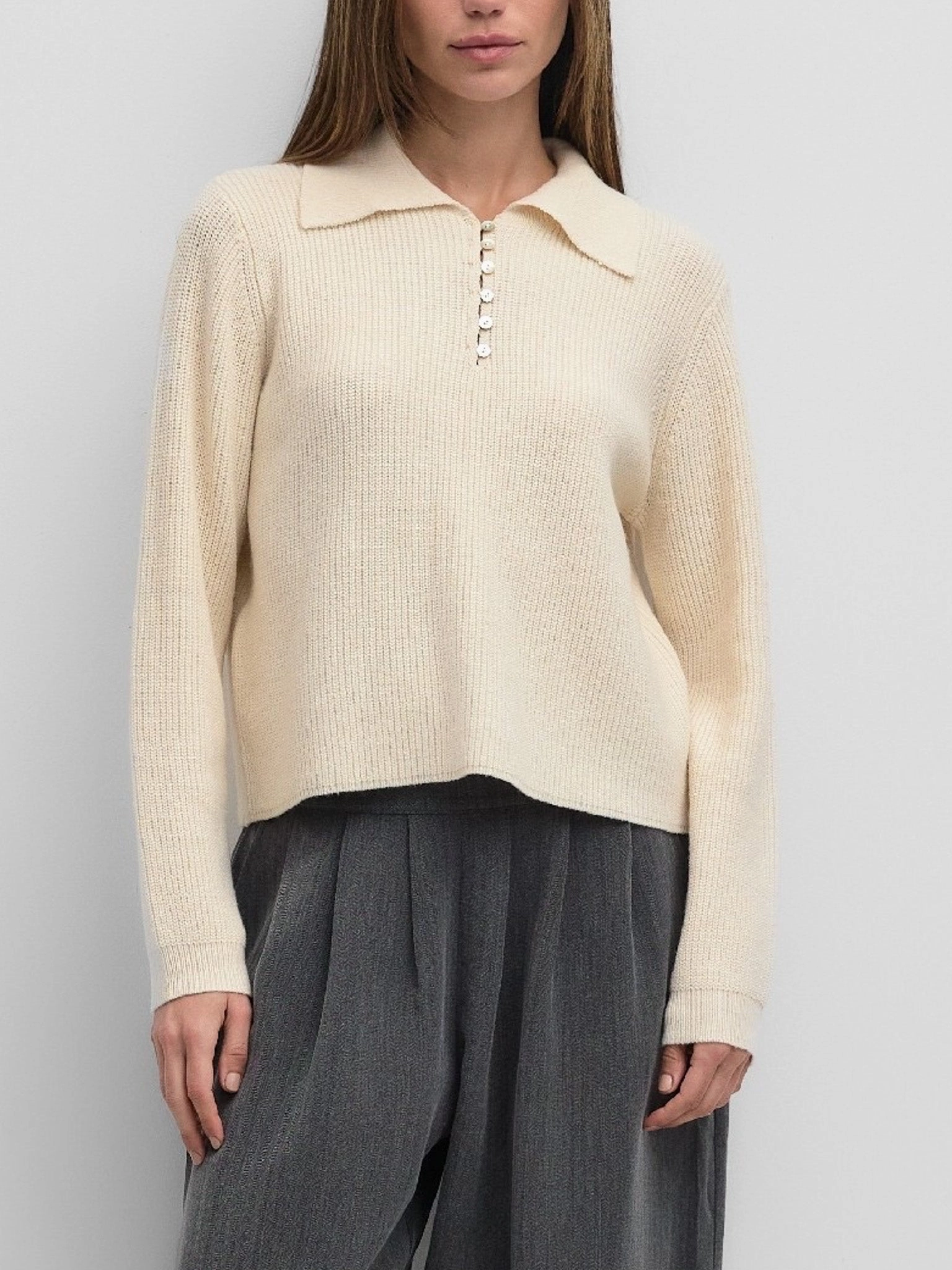 Michelle Button Sweater Ivory ribbed texture Non Chafing Fabric