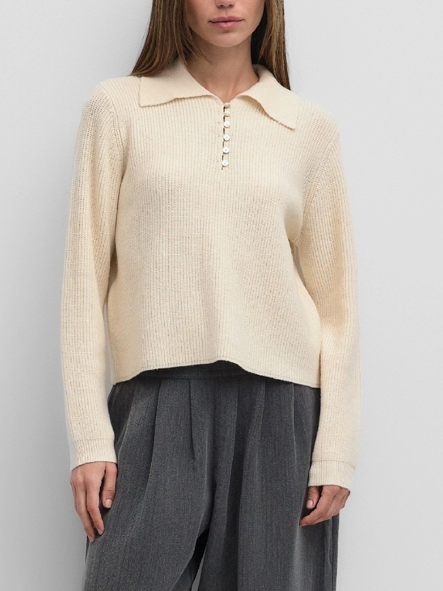 LowImpact Knitting Simple Layered Michelle Button Sweater Ivory