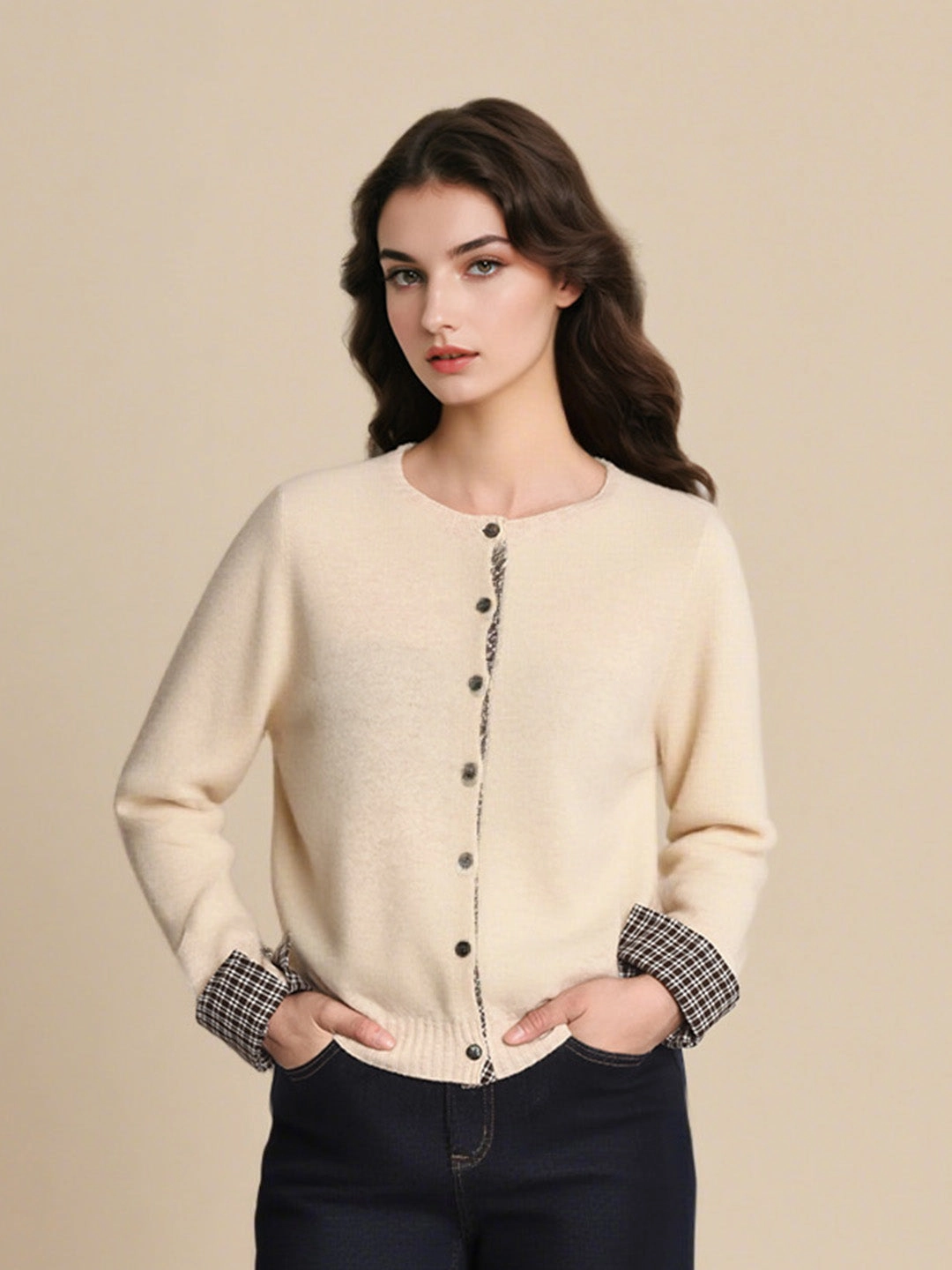 Soft Palette LowMaintenance Care Ariyah Round Neck Plaid 100% Wool Cardigan