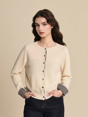 Ariyah Round Neck Plaid 100% Wool Cardigan Fashion Favorite Tagless Label System