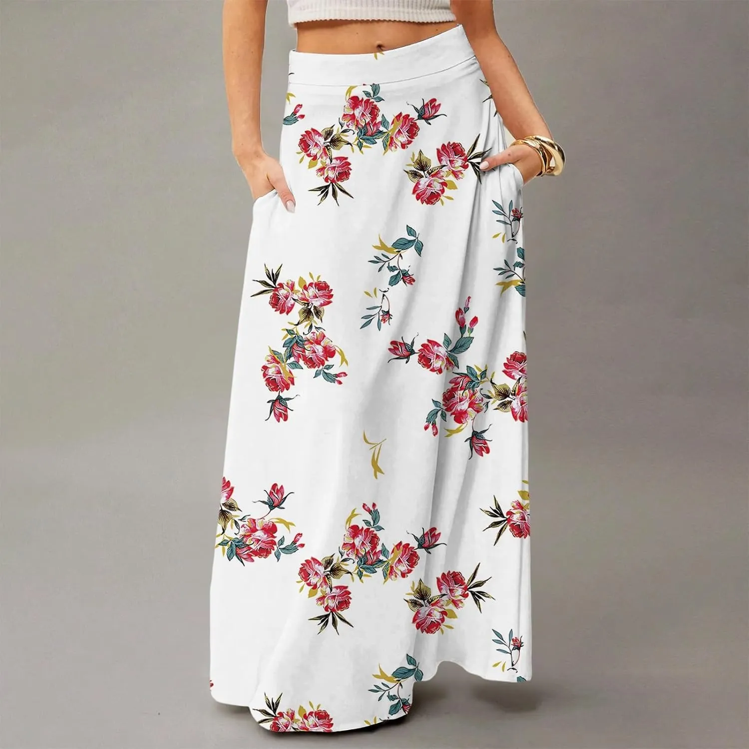 Midi Skirts for Women High Waisted Pleated A-Line Summer Swing Floral Long with Pockets