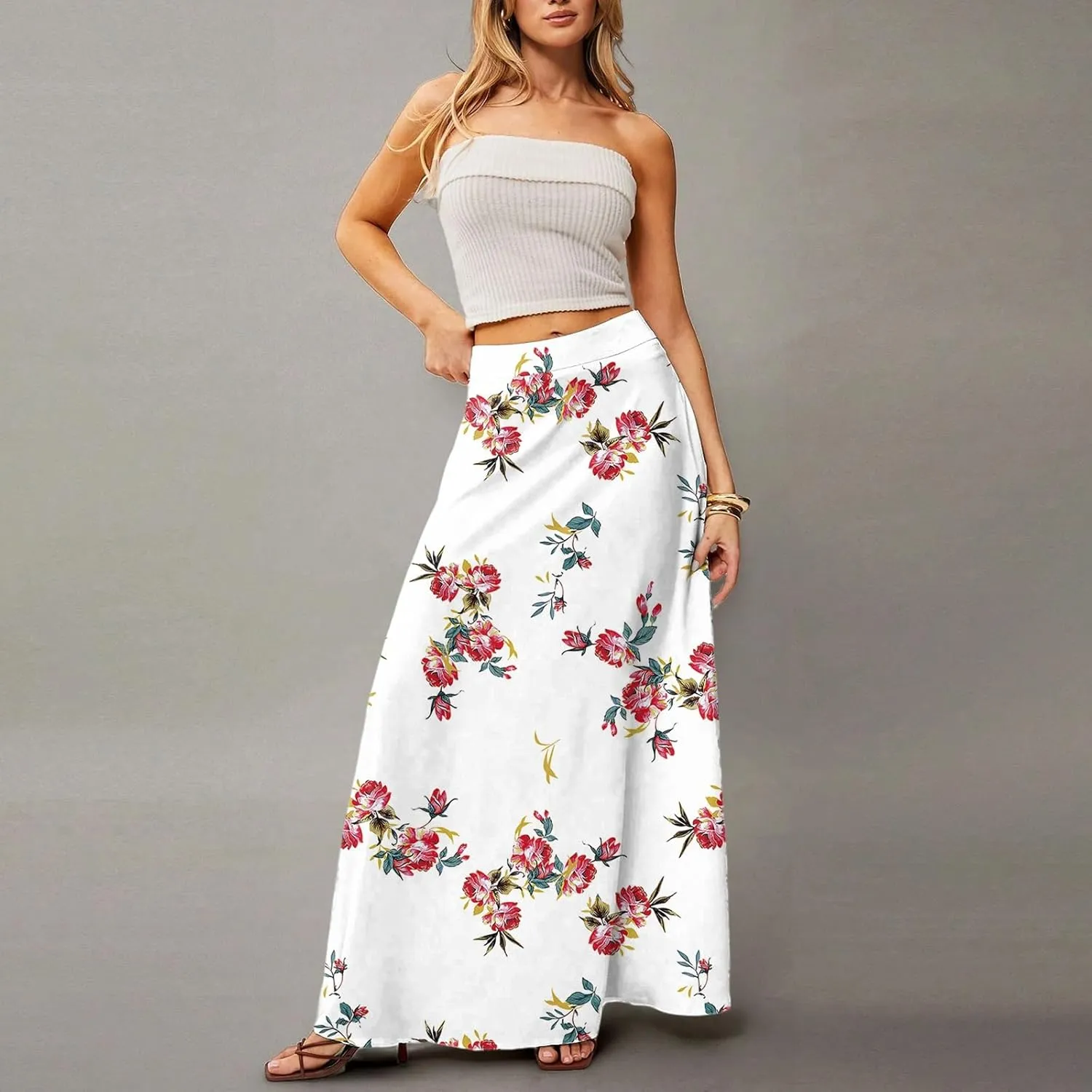 Midi Skirts for Women High Waisted Pleated A-Line Summer Swing Floral Long with Pockets