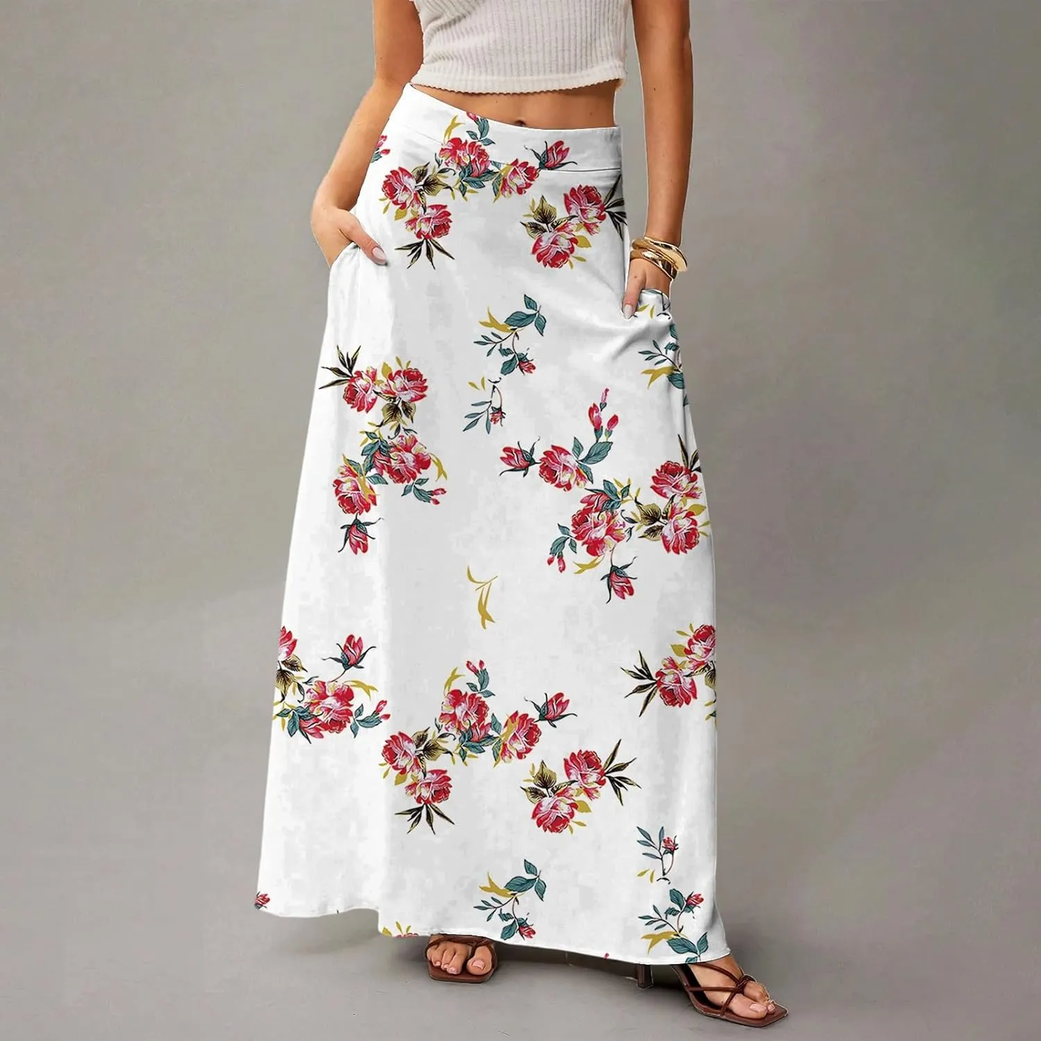 Midi Skirts for Women High Waisted Pleated A-Line Summer Swing Floral Long with Pockets
