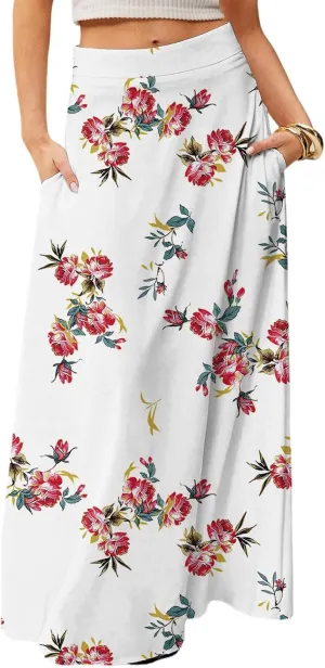 Midi Skirts for Women High Waisted Pleated A-Line Summer Swing Floral Long with Pockets