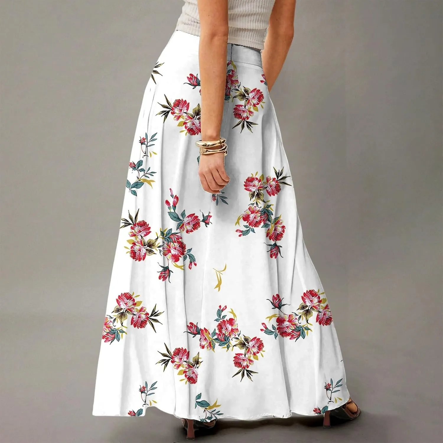 Midi Skirts for Women High Waisted Pleated A-Line Summer Swing Floral Long with Pockets