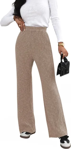 miduo Womens Ribbed Knit Wide Leg Pants Elastic Waist Straight Leg Palazzo Loose Fit Pants Trousers