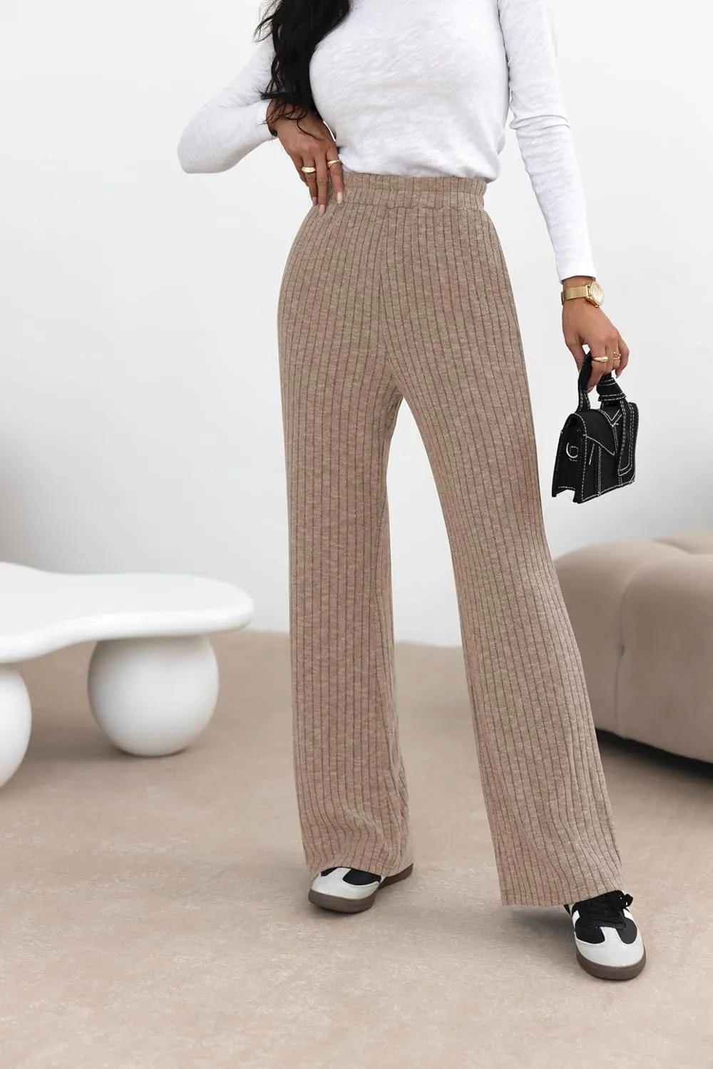 miduo Womens Ribbed Knit Wide Leg Pants Elastic Waist Straight Leg Palazzo Loose Fit Pants Trousers