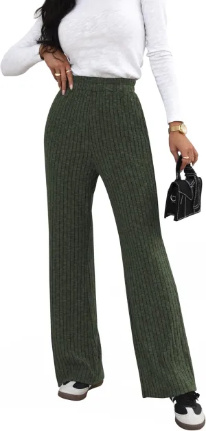 miduo Womens Ribbed Knit Wide Leg Pants Elastic Waist Straight Leg Palazzo Loose Fit Pants Trousers