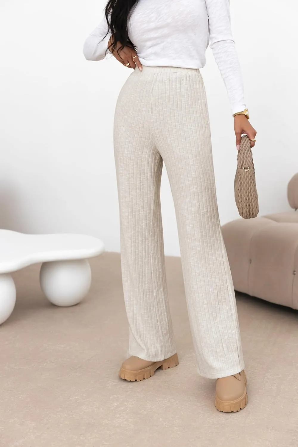 miduo Womens Ribbed Knit Wide Leg Pants Elastic Waist Straight Leg Palazzo Loose Fit Pants Trousers