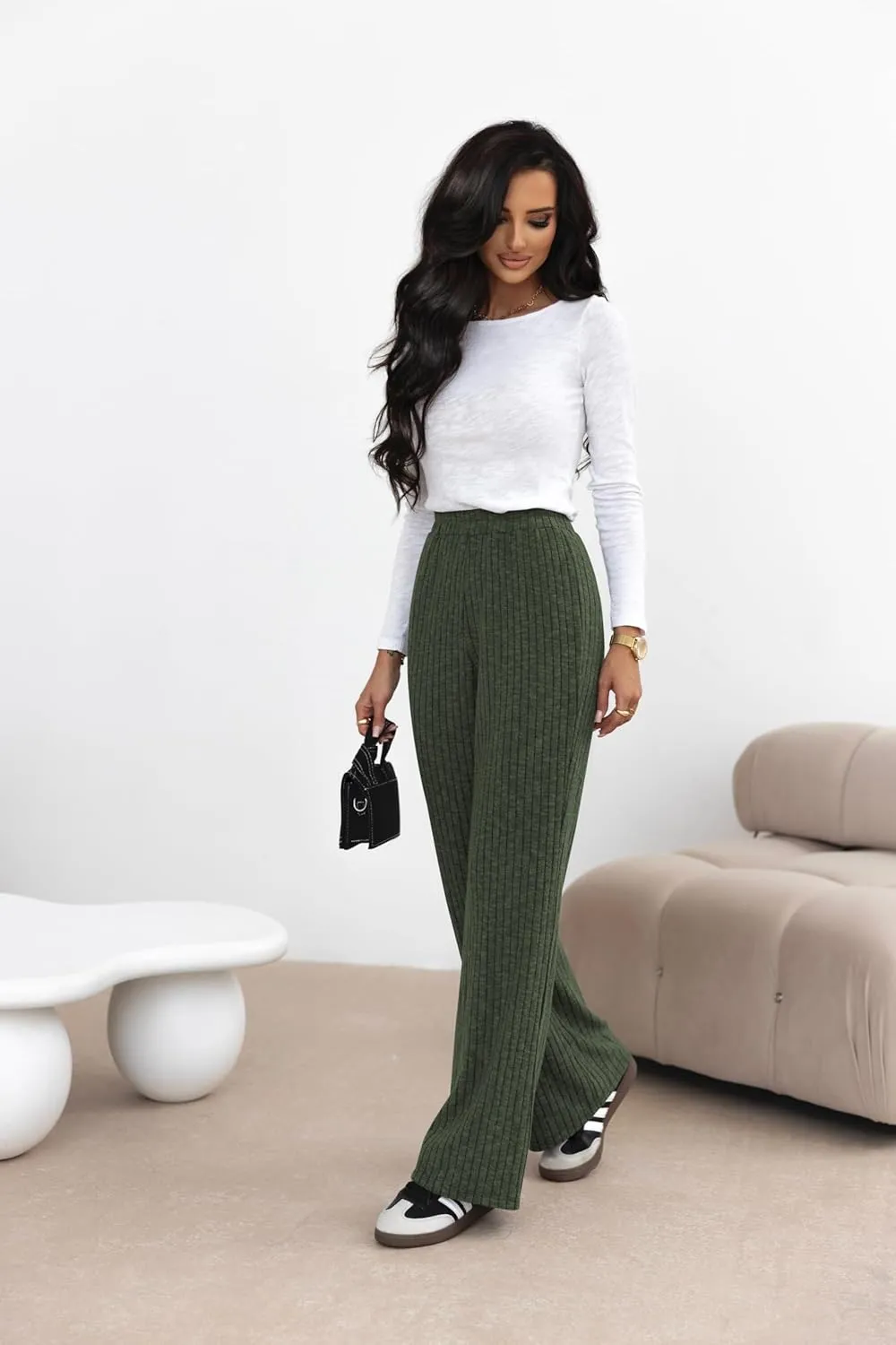 miduo Womens Ribbed Knit Wide Leg Pants Elastic Waist Straight Leg Palazzo Loose Fit Pants Trousers