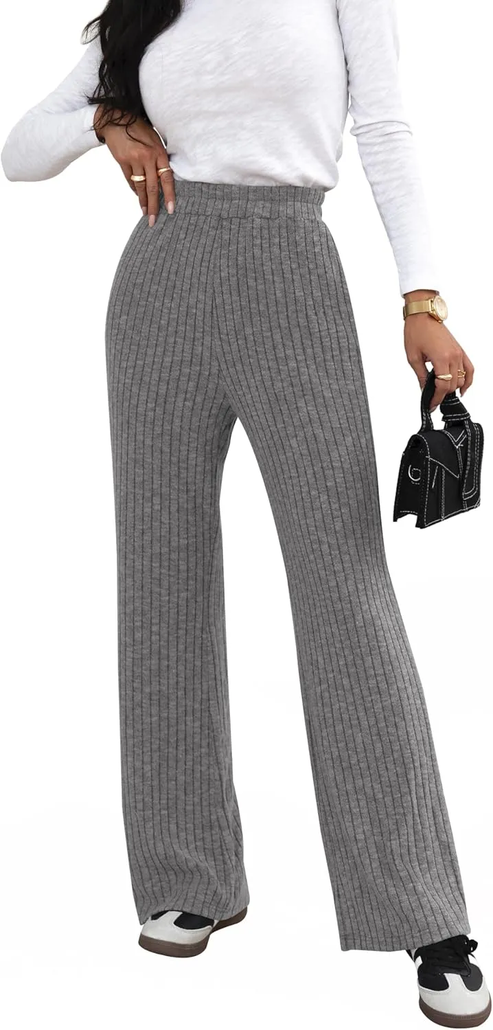 miduo Womens Ribbed Knit Wide Leg Pants Elastic Waist Straight Leg Palazzo Loose Fit Pants Trousers