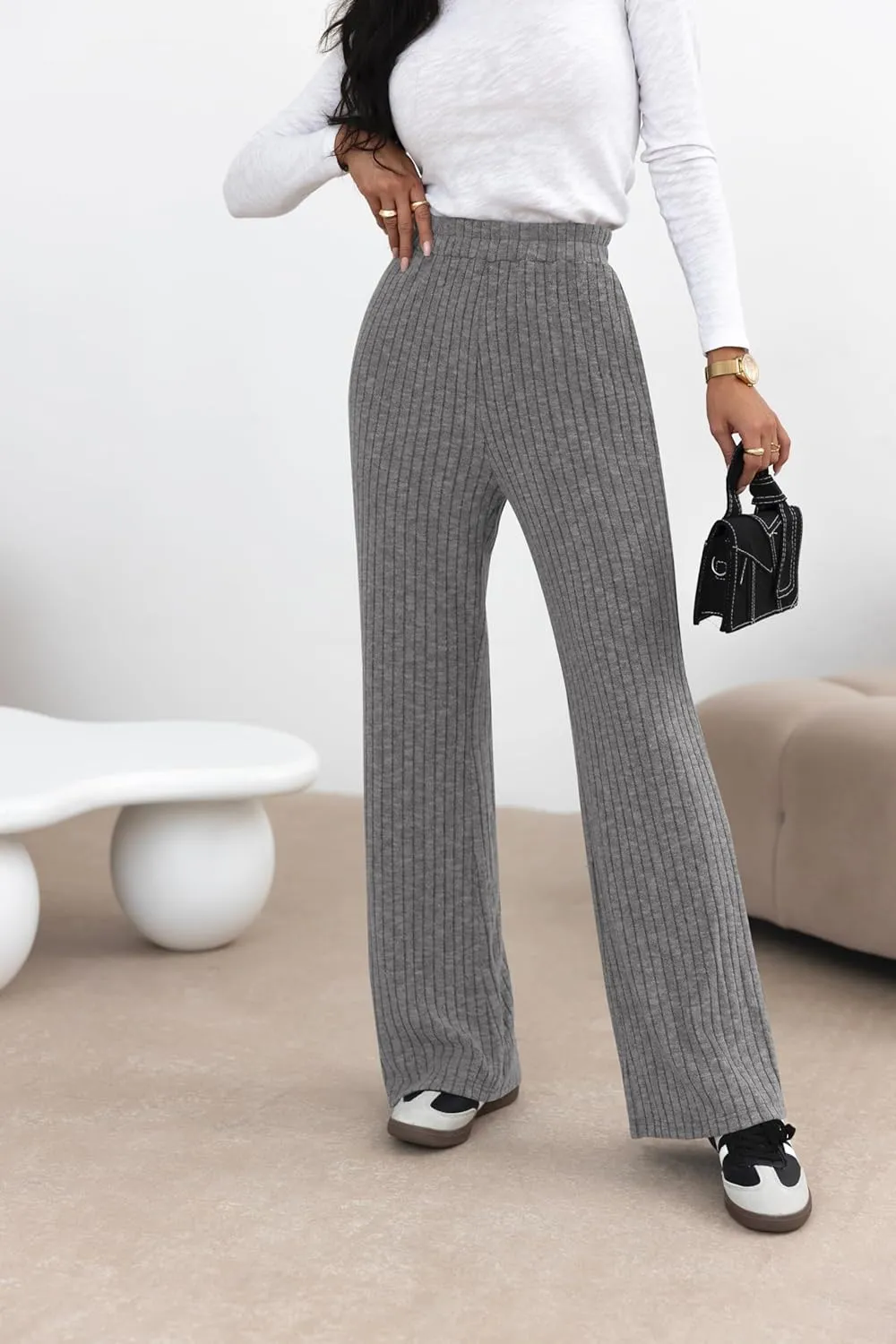 miduo Womens Ribbed Knit Wide Leg Pants Elastic Waist Straight Leg Palazzo Loose Fit Pants Trousers