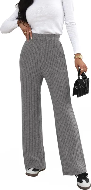 miduo Womens Ribbed Knit Wide Leg Pants Elastic Waist Straight Leg Palazzo Loose Fit Pants Trousers