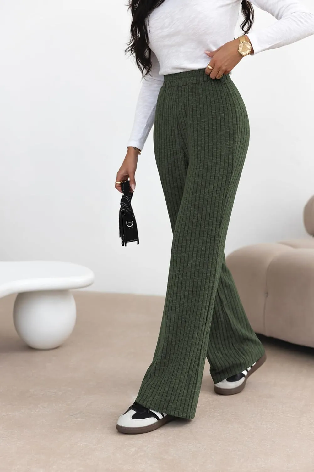 miduo Womens Ribbed Knit Wide Leg Pants Elastic Waist Straight Leg Palazzo Loose Fit Pants Trousers