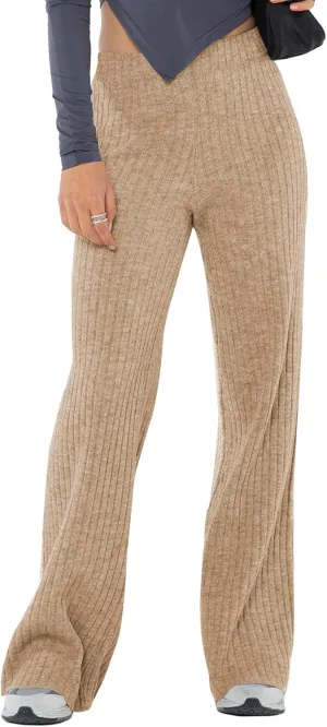 miduo Womens Ribbed Knit Wide Leg Pants Elastic Waist Straight Leg Palazzo Loose Fit Pants Trousers