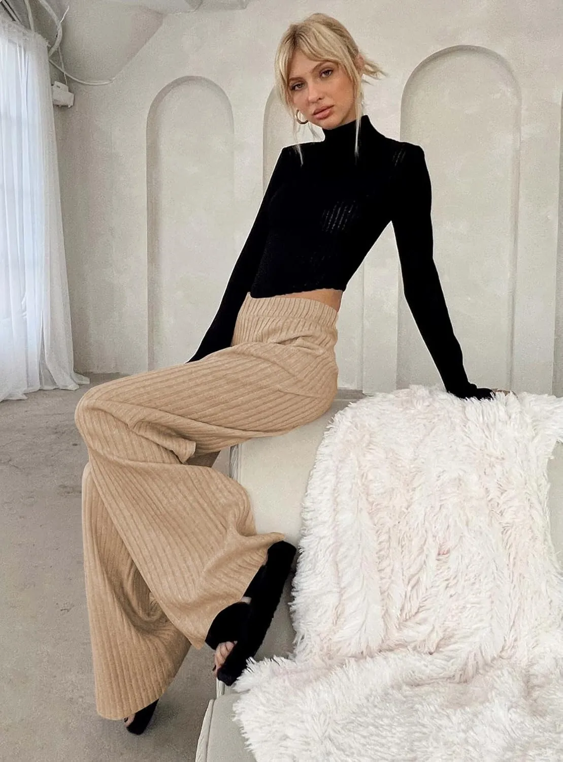 miduo Womens Ribbed Knit Wide Leg Pants Elastic Waist Straight Leg Palazzo Loose Fit Pants Trousers