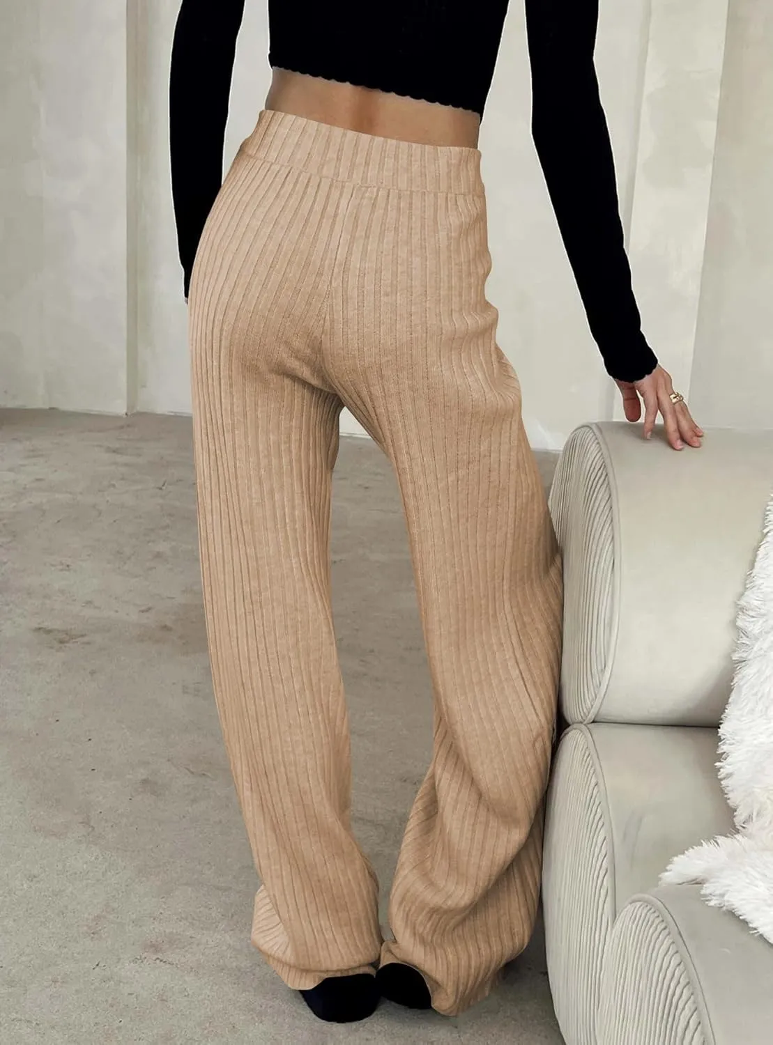 miduo Womens Ribbed Knit Wide Leg Pants Elastic Waist Straight Leg Palazzo Loose Fit Pants Trousers