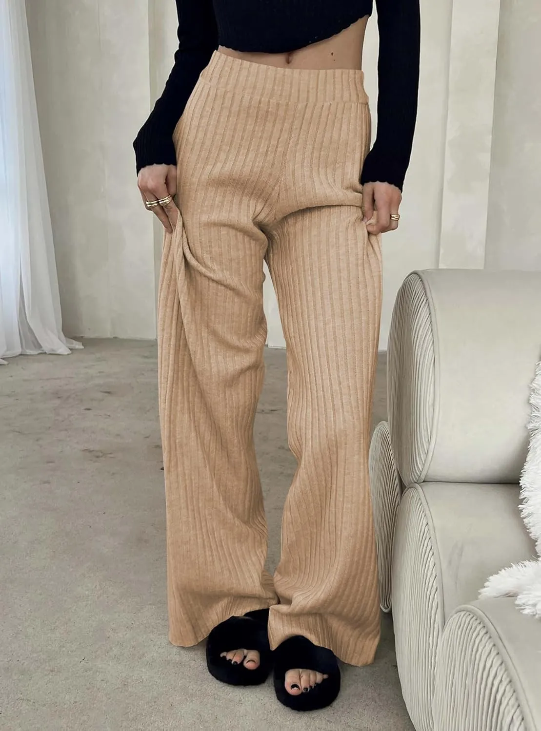 miduo Womens Ribbed Knit Wide Leg Pants Elastic Waist Straight Leg Palazzo Loose Fit Pants Trousers