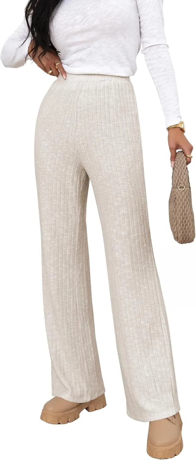 miduo Womens Ribbed Knit Wide Leg Pants Elastic Waist Straight Leg Palazzo Loose Fit Pants Trousers