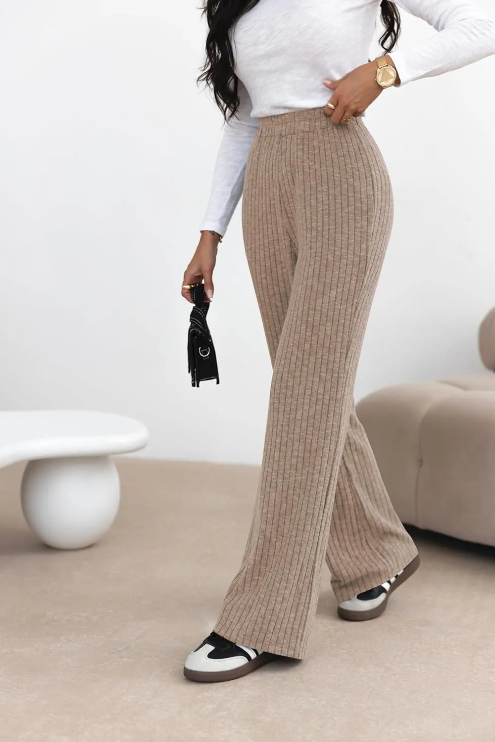 miduo Womens Ribbed Knit Wide Leg Pants Elastic Waist Straight Leg Palazzo Loose Fit Pants Trousers