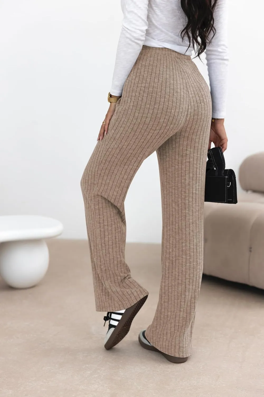 miduo Womens Ribbed Knit Wide Leg Pants Elastic Waist Straight Leg Palazzo Loose Fit Pants Trousers