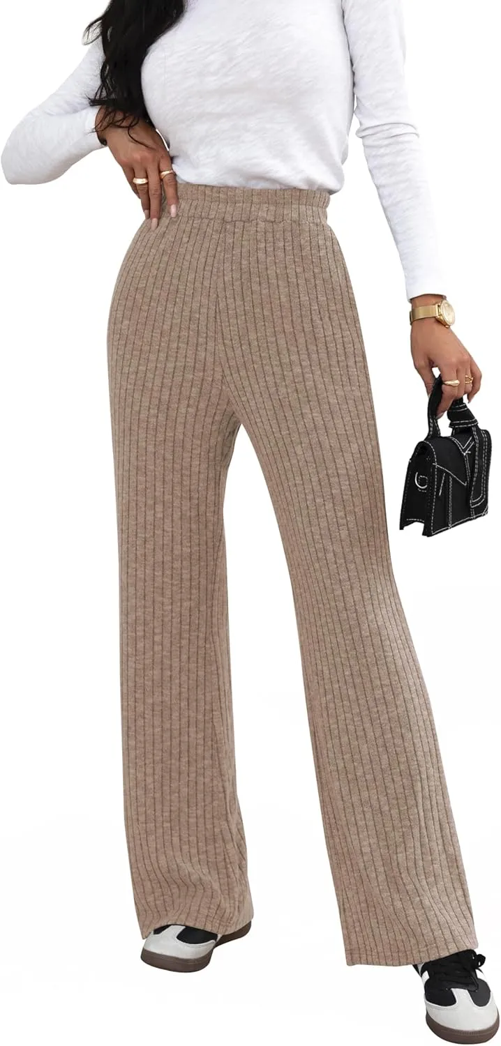 miduo Womens Ribbed Knit Wide Leg Pants Elastic Waist Straight Leg Palazzo Loose Fit Pants Trousers