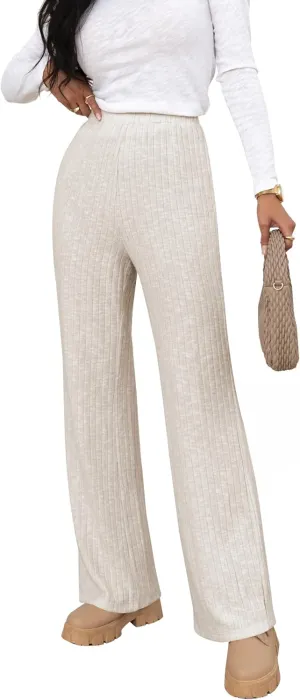 miduo Womens Ribbed Knit Wide Leg Pants Elastic Waist Straight Leg Palazzo Loose Fit Pants Trousers