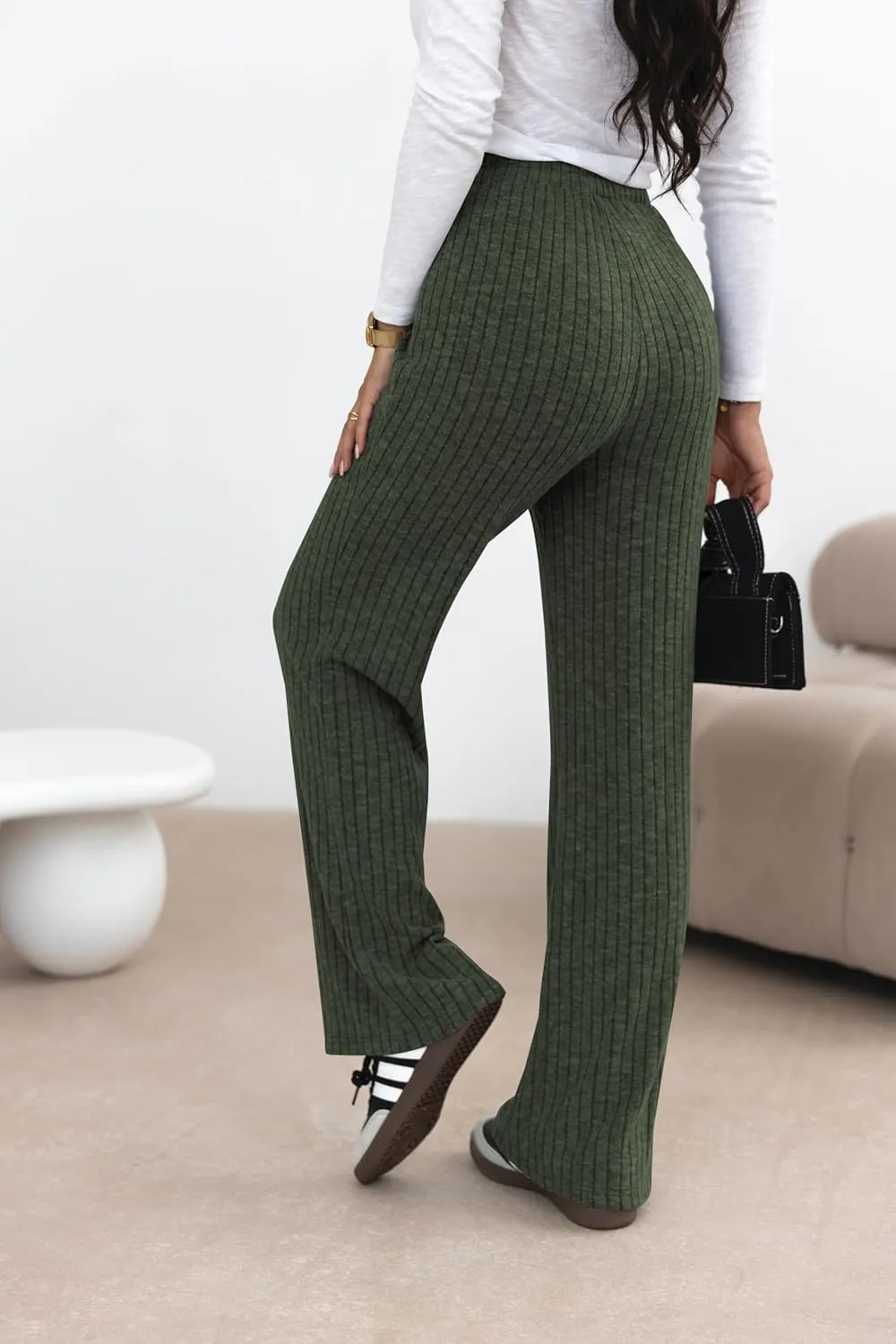 miduo Womens Ribbed Knit Wide Leg Pants Elastic Waist Straight Leg Palazzo Loose Fit Pants Trousers