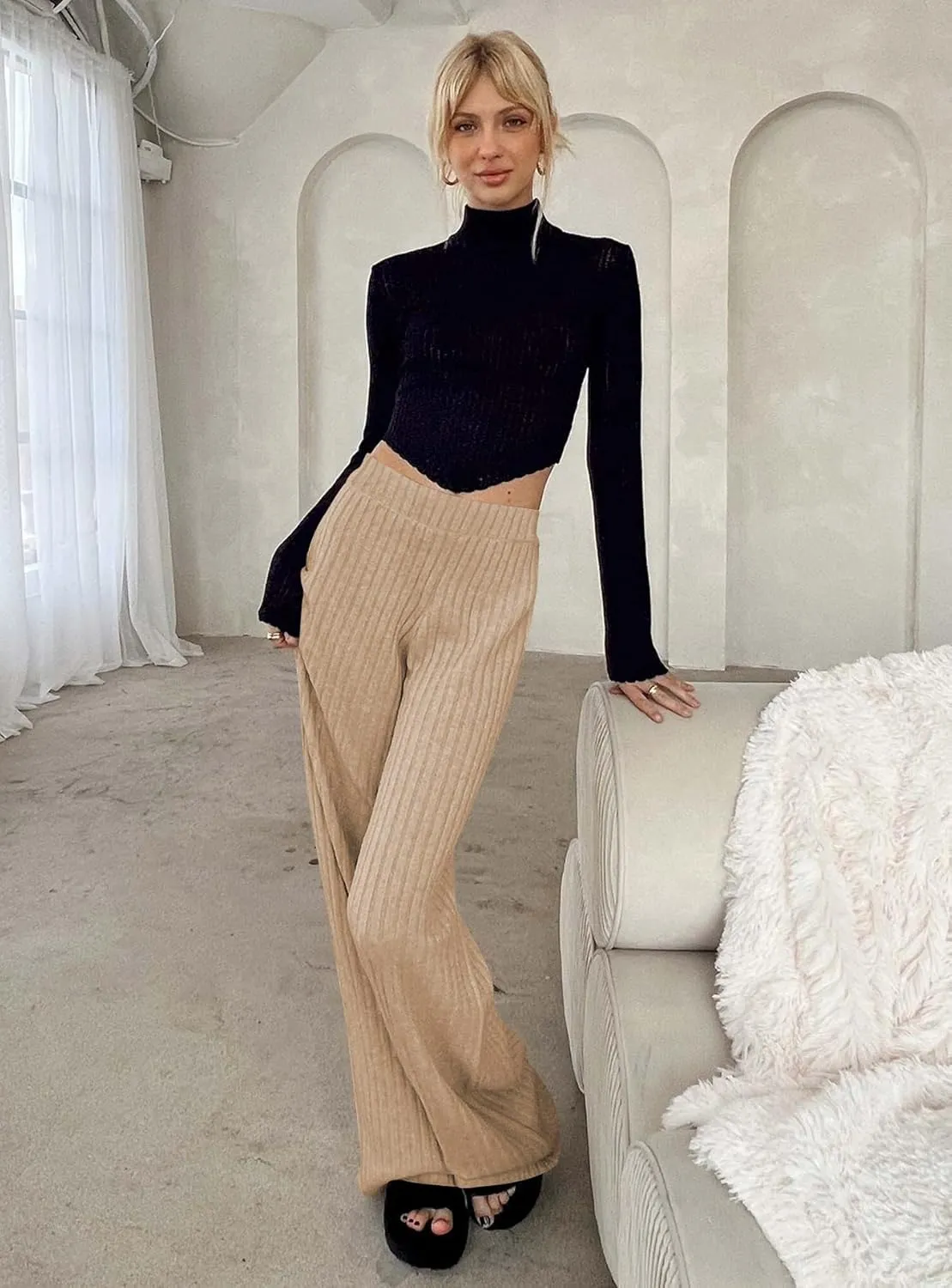 miduo Womens Ribbed Knit Wide Leg Pants Elastic Waist Straight Leg Palazzo Loose Fit Pants Trousers