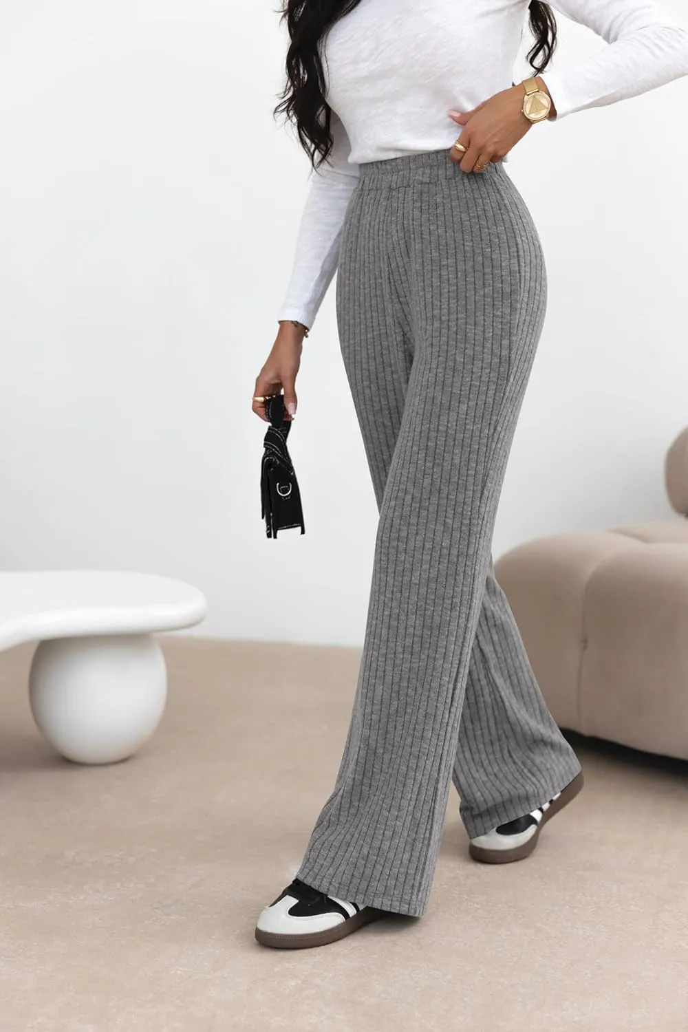 miduo Womens Ribbed Knit Wide Leg Pants Elastic Waist Straight Leg Palazzo Loose Fit Pants Trousers