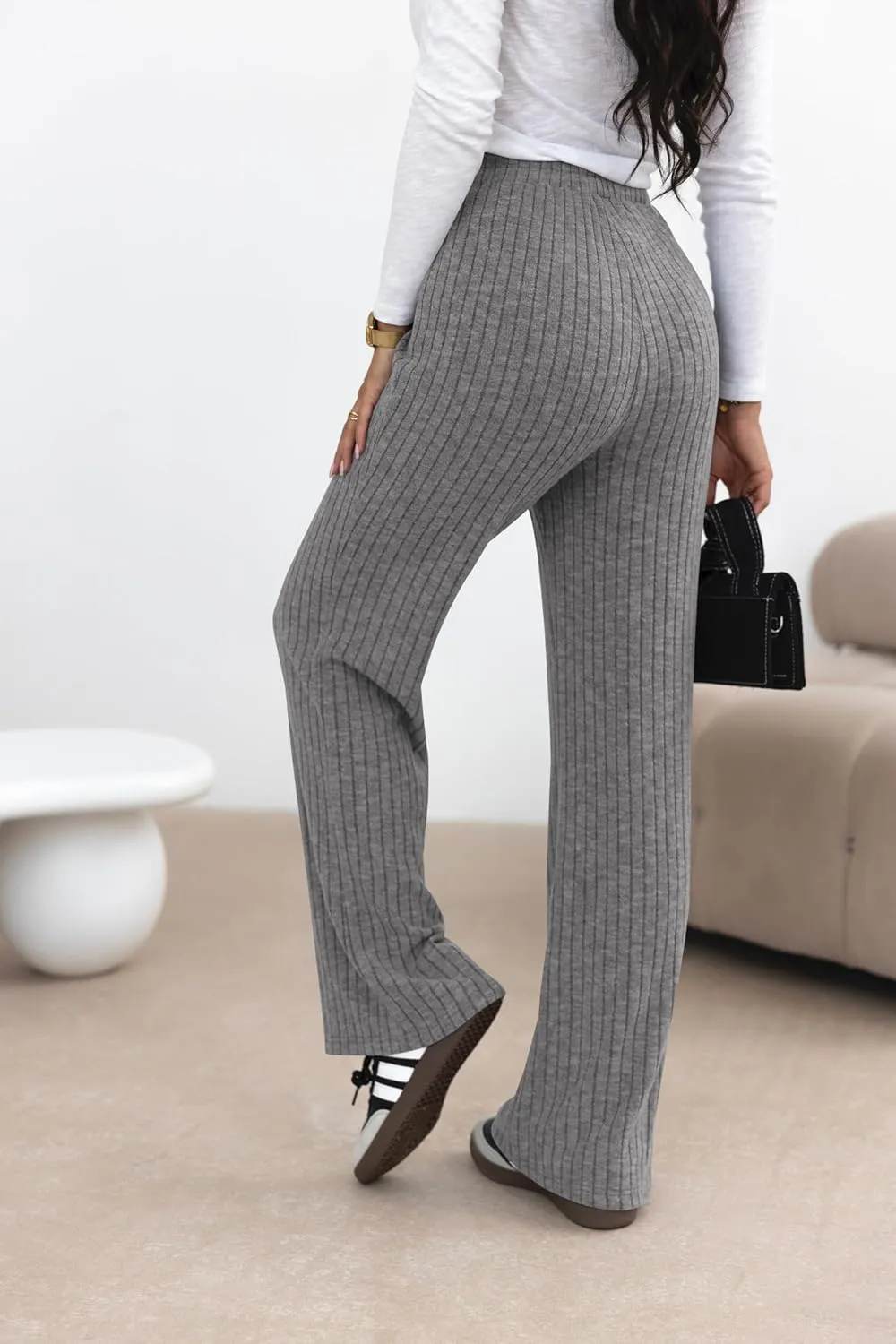 miduo Womens Ribbed Knit Wide Leg Pants Elastic Waist Straight Leg Palazzo Loose Fit Pants Trousers