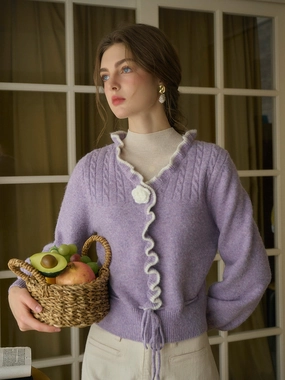Miller Trimmed Neck Hollow 3D Flower Knitted Cardigan Base Layer Home Casual