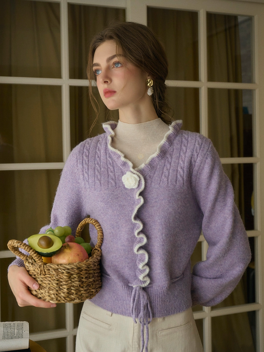 Miller Trimmed Neck Hollow 3D Flower Knitted Cardigan WideRibbed Texture