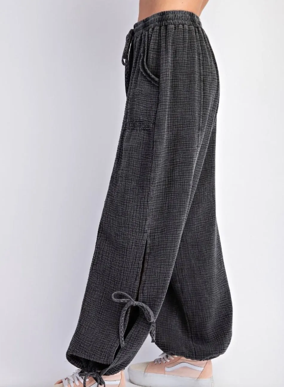 Mineral Washed Gauze Pants In Black With Lace Detailing By Easel