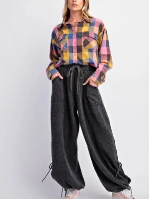 Mineral Washed Gauze Pants In Black With Lace Detailing By Easel