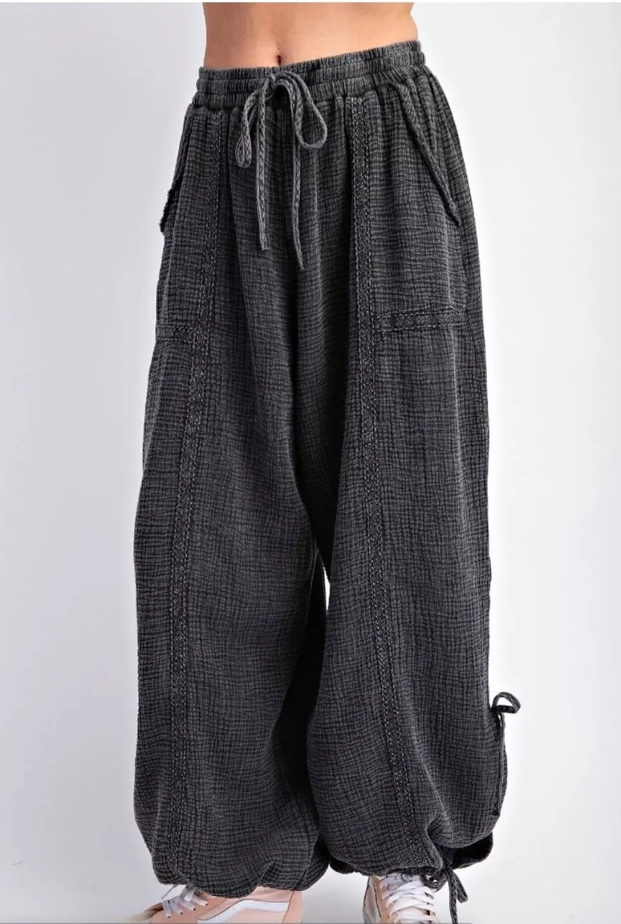 Mineral Washed Gauze Pants In Black With Lace Detailing By Easel