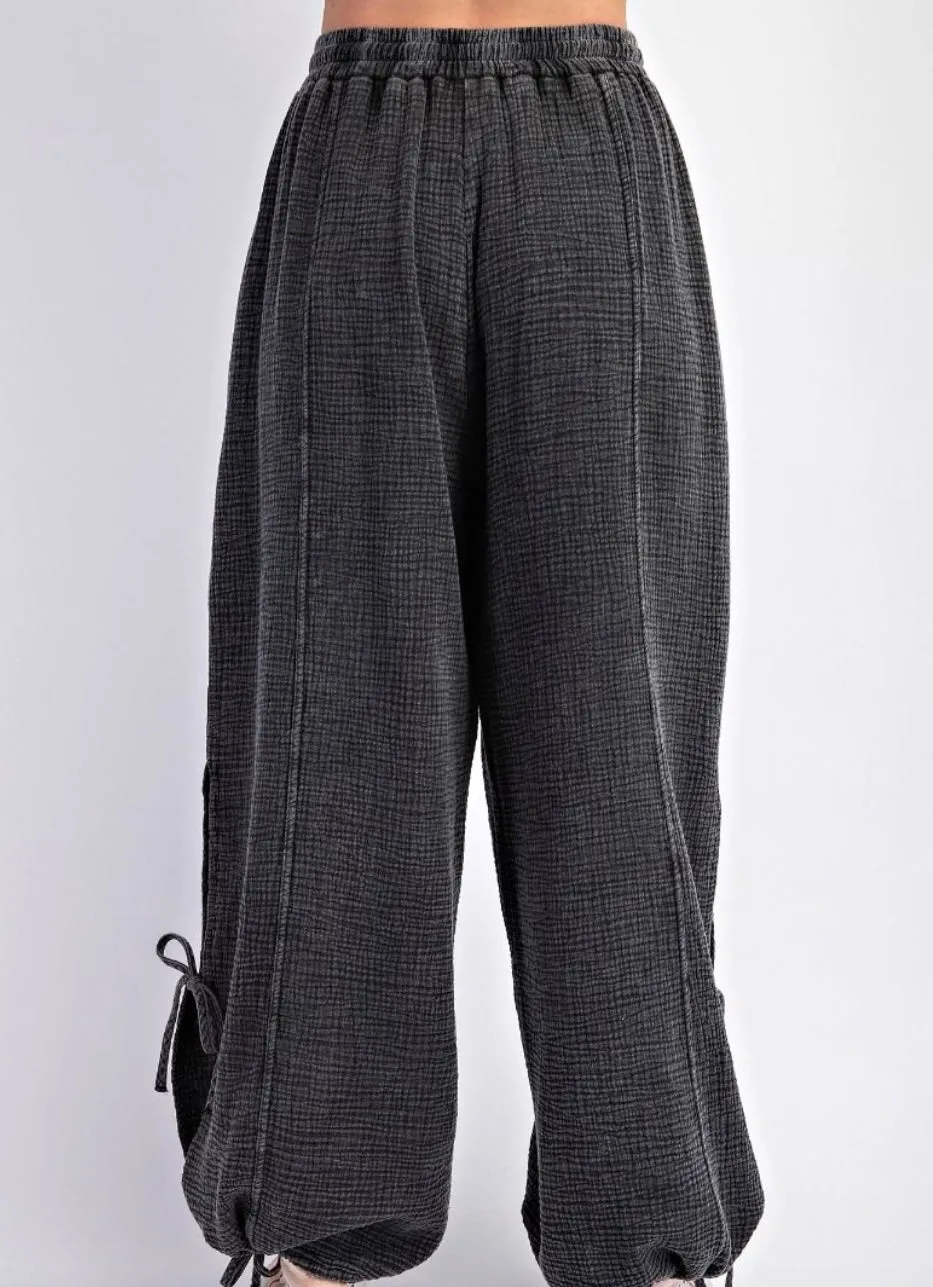 Mineral Washed Gauze Pants In Black With Lace Detailing By Easel