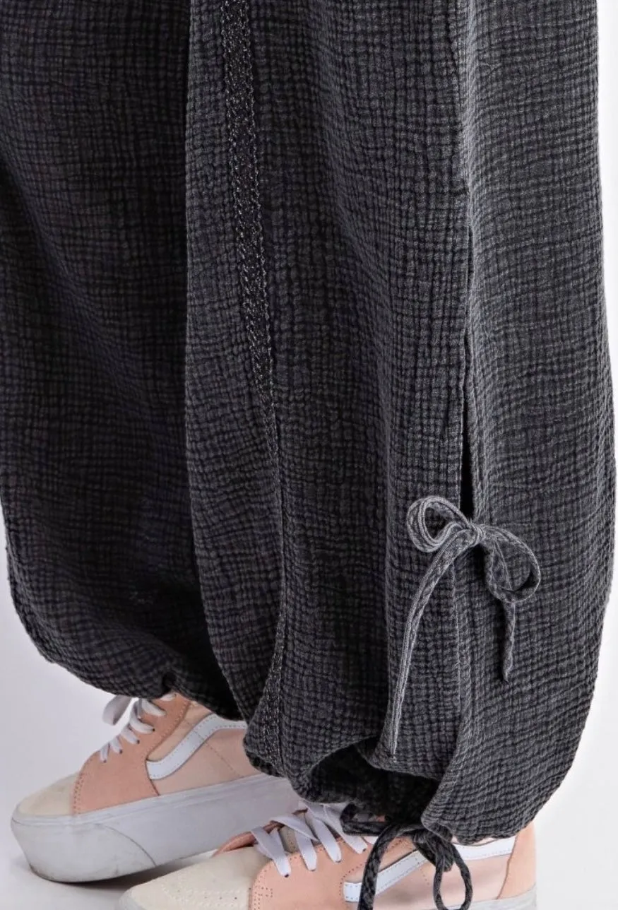 Mineral Washed Gauze Pants In Black With Lace Detailing By Easel